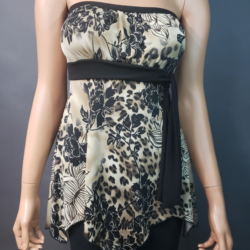 Strapless handkerchief hem top. Size Small leopard floral pattern.